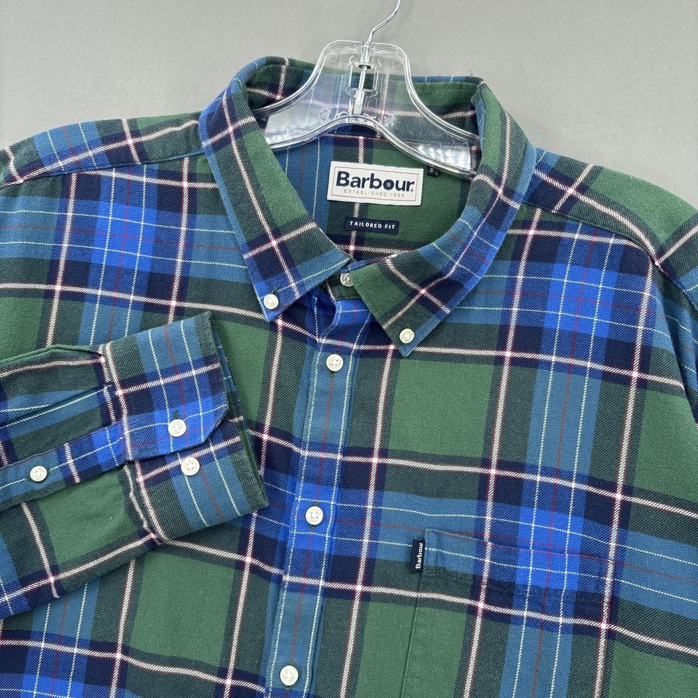 Barbour Shirt Mens XL Green Blue Plaid Finley Flannel Button Down Long Sleeve
